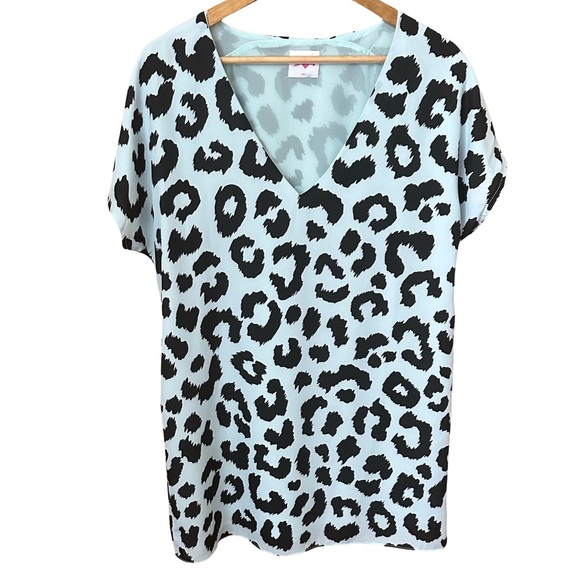 Buddy Love Muted Light Blue Sheath V-Neck Fully Lined Dress Black Animal Print - Picture 1 of 5